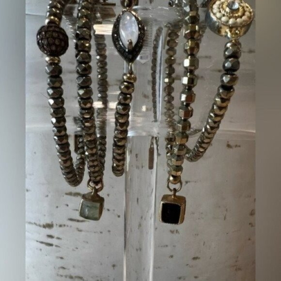 Bracelet Set of 5 Gold Bracelets with Natural Gemstones - Gold Bracelets - Picture 2 of 7